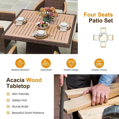 Patio Dining Sets for 4, All Weather Rattan Outdoor Table and Chairs with Acacia Wood Tabletop