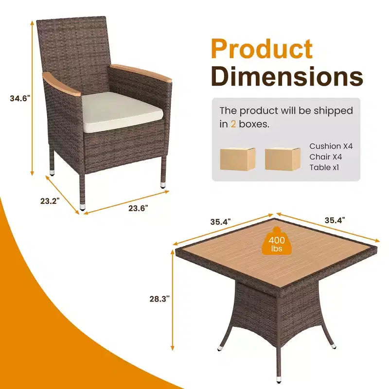 Patio Dining Sets for 4, All Weather Rattan Outdoor Table and Chairs with Acacia Wood Tabletop