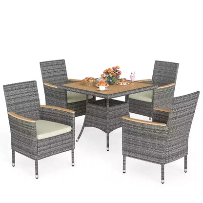 Patio Dining Sets for 4, All Weather Rattan Outdoor Table and Chairs with Acacia Wood Tabletop