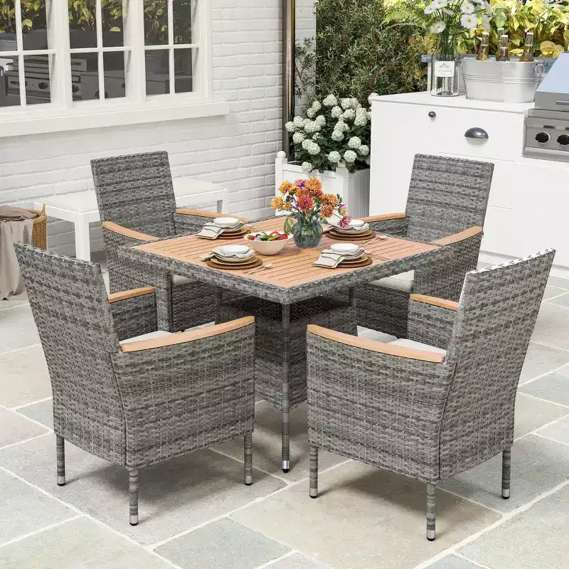 Patio Dining Sets for 4, All Weather Rattan Outdoor Table and Chairs with Acacia Wood Tabletop