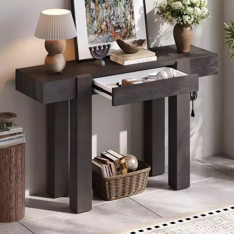 Table console 47" avec tiroirs de rangement, table derrière le canapé en placage bois, table d'entrée étroite pour salon ou bureau à domicile-Panipeachy