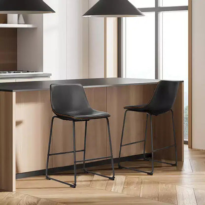 Okak Set of 2 Industrial Upholstered Bar Stools with Metal Legs & Footstools,Armless Faux Leather Counter Chairs for Dining Rooms