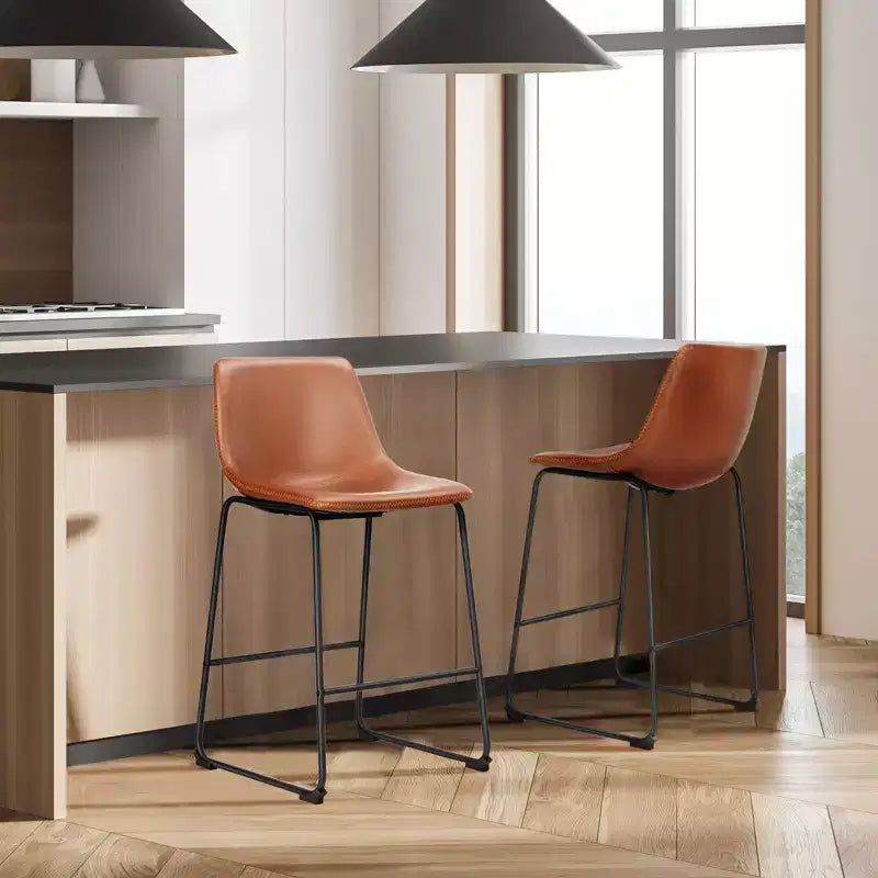 Okak Set of 2 Industrial Upholstered Bar Stools with Metal Legs & Footstools,Armless Faux Leather Counter Chairs for Dining Rooms
