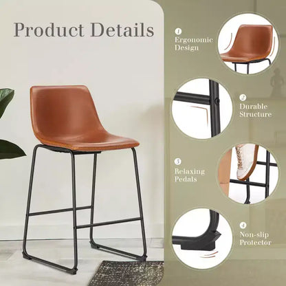 Okak Set of 2 Industrial Upholstered Bar Stools with Metal Legs & Footstools,Armless Faux Leather Counter Chairs for Dining Rooms