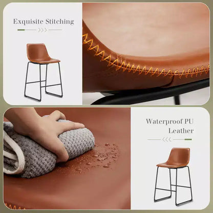 Okak Set of 2 Industrial Upholstered Bar Stools with Metal Legs & Footstools,Armless Faux Leather Counter Chairs for Dining Rooms