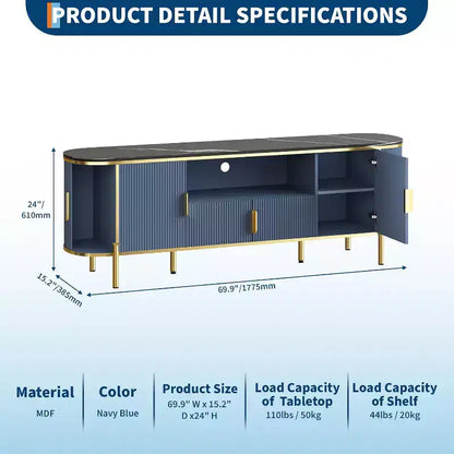 Meuble TV en MDF motif vague, 4 portes, 70" (178 cm), grand centre de divertissement de luxe, étagères réglables