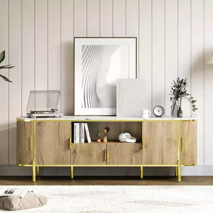 MDF Round Wave Pattern Four-Door TV Stand 70 Large Luxury Entertainment Center, Adjustable Shelves