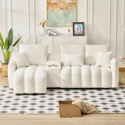 MAYEERTY 92 inch High Quality Trddy Fur Fabric Corner Sofa with Center Console Coffee Table for Living Room Apartments White