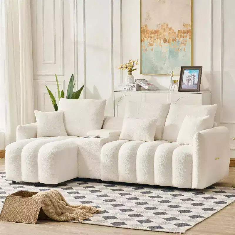 MAYEERTY 92 inch High Quality Trddy Fur Fabric Corner Sofa with Center Console Coffee Table for Living Room Apartments White