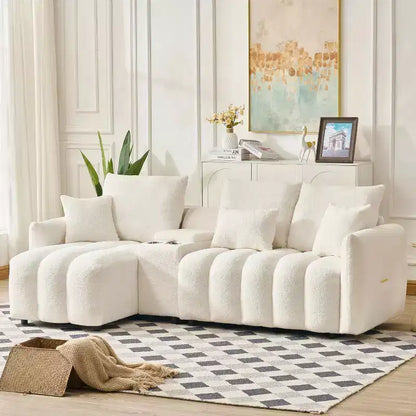 MAYEERTY 92 inch High Quality Trddy Fur Fabric Corner Sofa with Center Console Coffee Table for Living Room Apartments White