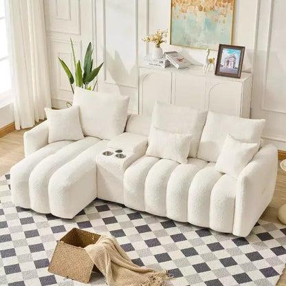MAYEERTY 92 inch High Quality Trddy Fur Fabric Corner Sofa with Center Console Coffee Table for Living Room Apartments White
