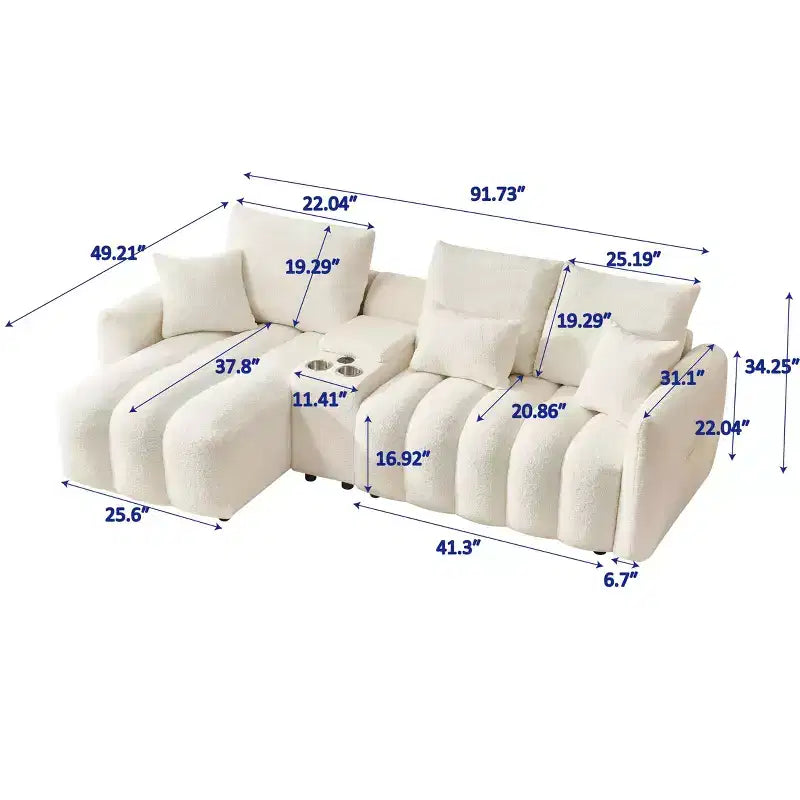 MAYEERTY 92 inch High Quality Trddy Fur Fabric Corner Sofa with Center Console Coffee Table for Living Room Apartments White