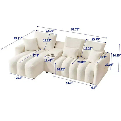 MAYEERTY 92 inch High Quality Trddy Fur Fabric Corner Sofa with Center Console Coffee Table for Living Room Apartments White