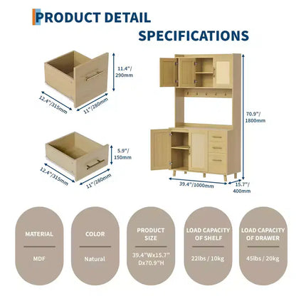 71 Rattan Kitchen Pantry Storage Cabinet, Buffet Cabinet with Microwave Stand, Adjustable Shelves and 6 Hooks Natural