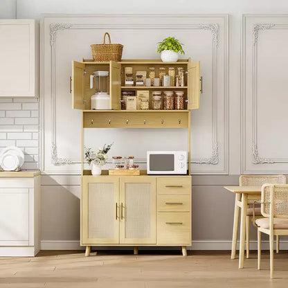 71 Rattan Kitchen Pantry Storage Cabinet, Buffet Cabinet with Microwave Stand, Adjustable Shelves and 6 Hooks Natural