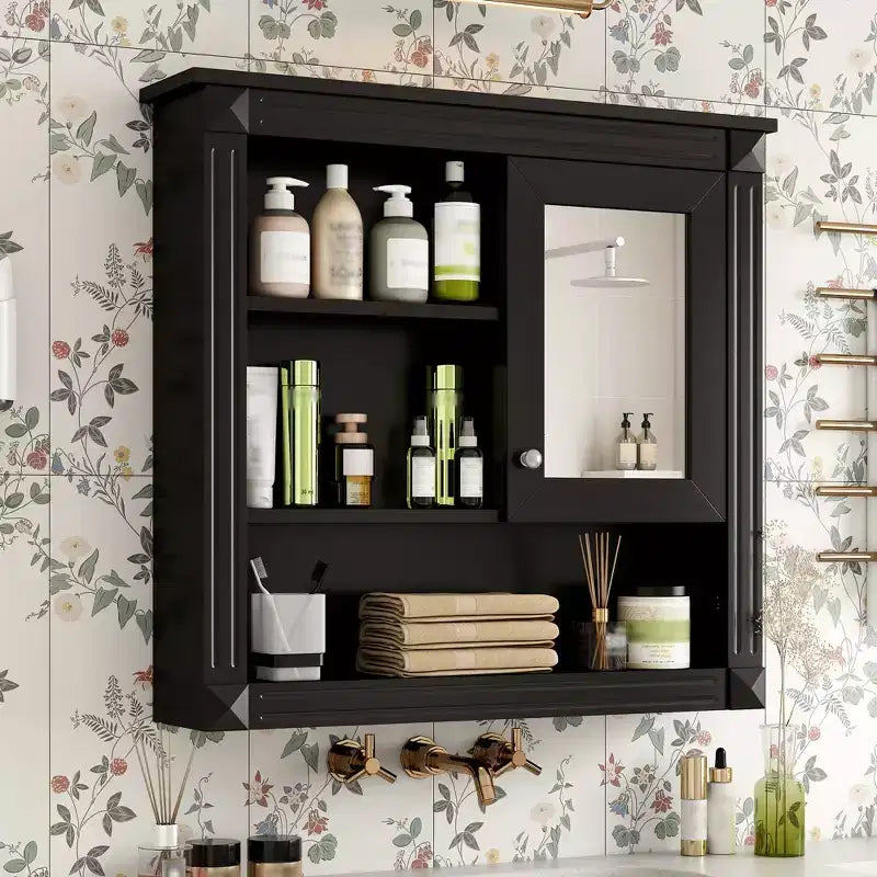 FAMYYT Armoire de toilette rectangulaire en MDF avec miroir, 32 po L x 28 po H, 5 étagères amovibles, charnières à fermeture douce