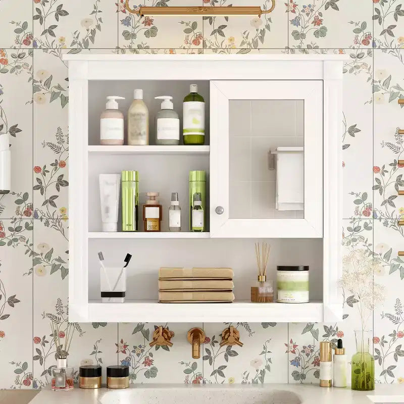 FAMYYT Armoire de toilette rectangulaire en MDF avec miroir, 32 po L x 28 po H, 5 étagères amovibles, charnières à fermeture douce