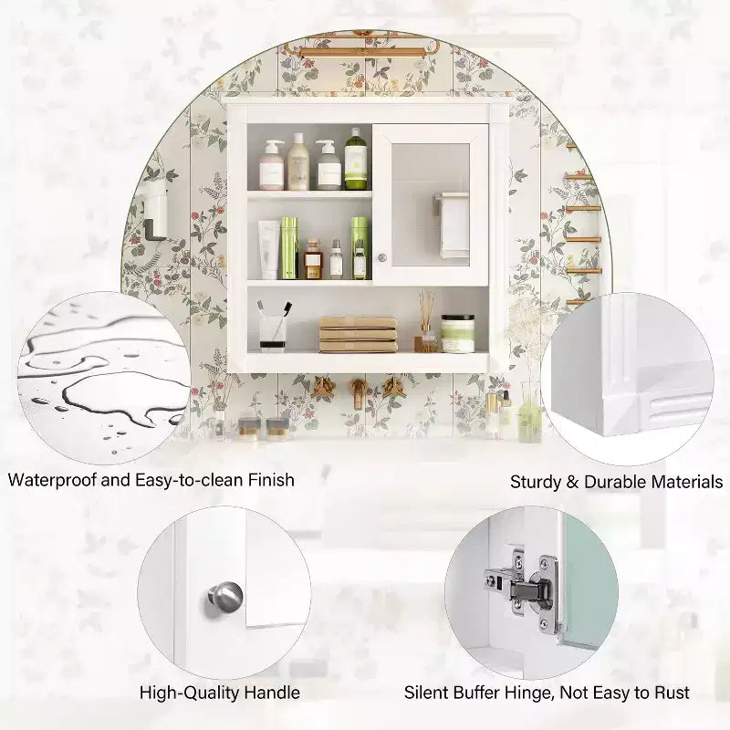 FAMYYT Armoire de toilette rectangulaire en MDF avec miroir, 32 po L x 28 po H, 5 étagères amovibles, charnières à fermeture douce