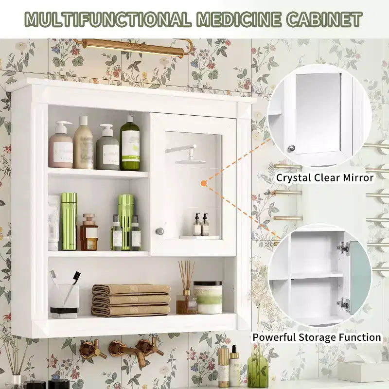 FAMYYT Armoire de toilette rectangulaire en MDF avec miroir, 32 po L x 28 po H, 5 étagères amovibles, charnières à fermeture douce