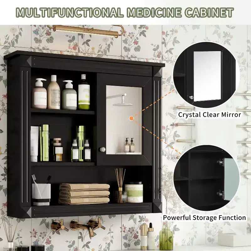 FAMYYT Armoire de toilette rectangulaire en MDF avec miroir, 32 po L x 28 po H, 5 étagères amovibles, charnières à fermeture douce