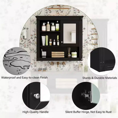 FAMYYT Armoire de toilette rectangulaire en MDF avec miroir, 32 po L x 28 po H, 5 étagères amovibles, charnières à fermeture douce
