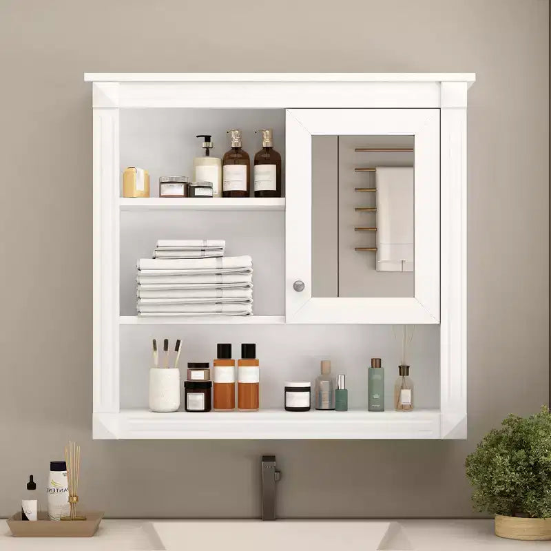 FAMYYT Armoire de toilette rectangulaire en MDF avec miroir, 32 po L x 28 po H, 5 étagères amovibles, charnières à fermeture douce