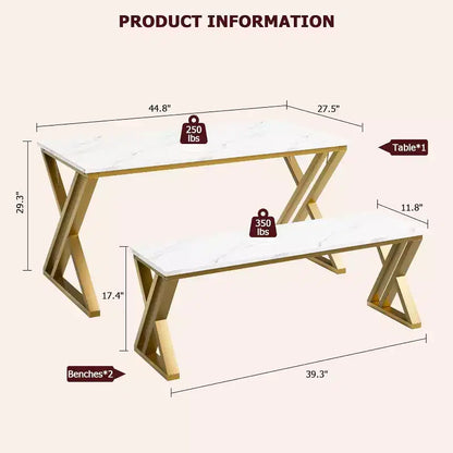 Ensemble repas 4 personnes : table rectangulaire effet marbre et 2 bancs avec cadre en métal – Gain de place pour cuisine, salle à manger et appartement.