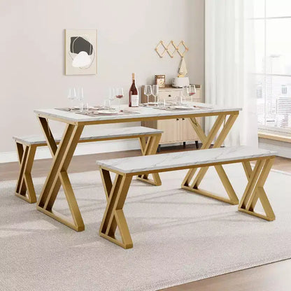 Ensemble repas 4 personnes : table rectangulaire effet marbre et 2 bancs avec cadre en métal – Gain de place pour cuisine, salle à manger et appartement.