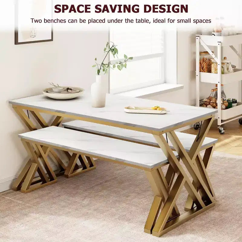 Ensemble repas 4 personnes : table rectangulaire effet marbre et 2 bancs avec cadre en métal – Gain de place pour cuisine, salle à manger et appartement.