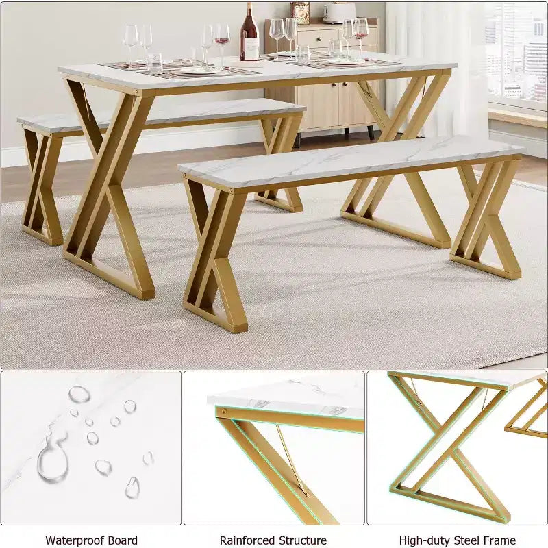 Ensemble repas 4 personnes : table rectangulaire effet marbre et 2 bancs avec cadre en métal – Gain de place pour cuisine, salle à manger et appartement.