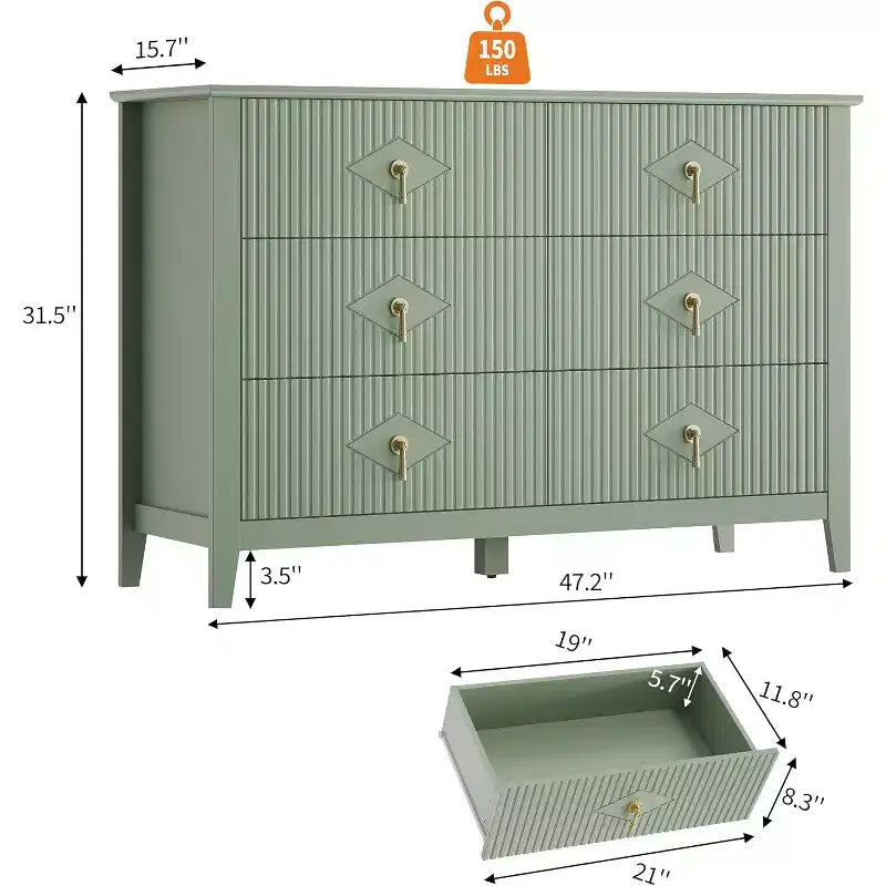 Acekool 54 6-Drawer Fluted Dresser, Modern Wide Storage Chest with Deep Drawers and Anti-Tip Kit