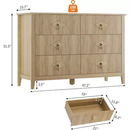 Acekool 54 6-Drawer Fluted Dresser, Modern Wide Storage Chest with Deep Drawers and Anti-Tip Kit