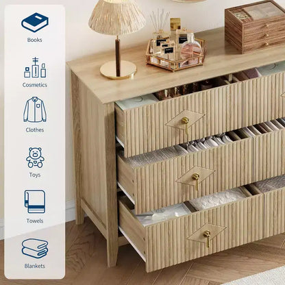 Acekool 54 6-Drawer Fluted Dresser, Modern Wide Storage Chest with Deep Drawers and Anti-Tip Kit