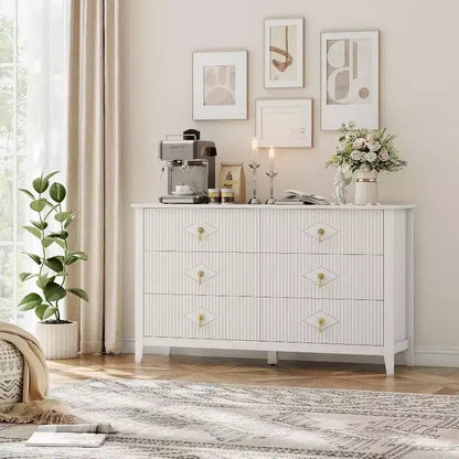 Acekool 54 6-Drawer Fluted Dresser, Modern Wide Storage Chest with Deep Drawers and Anti-Tip Kit