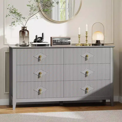 Acekool 54 6-Drawer Fluted Dresser, Modern Wide Storage Chest with Deep Drawers and Anti-Tip Kit