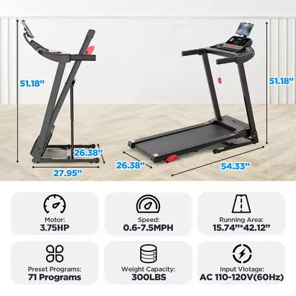 300LBS Capacity Folding Treadmill w/ Incline for Home, 3.75HP Portable Treadmill, 71 Program, Shock Absorption Belt,Walking Running Exercise Machine