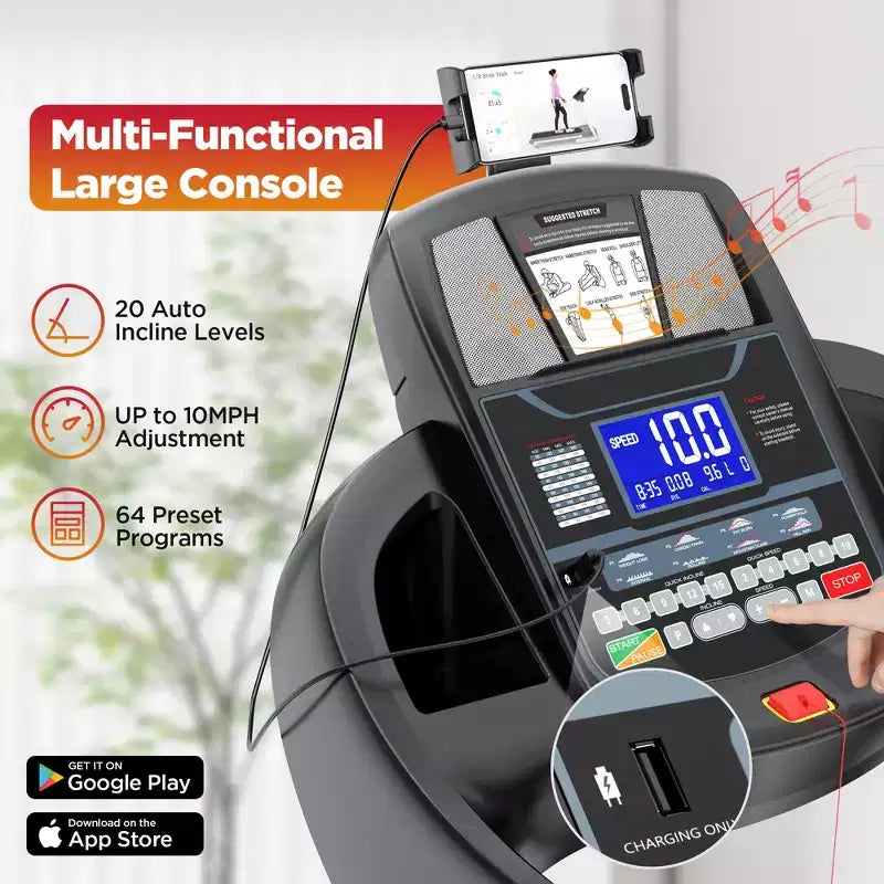 4.75HP Foldable Treadmill, 300lb Capacity,20% Auto Incline, Smart APP w/ Virtual Running Walking,64+3+3+1 Programs,12MPH, Portable Treadmill for Home