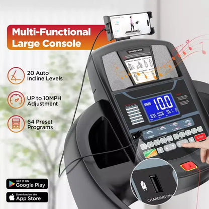 4.75HP Foldable Treadmill, 300lb Capacity,20% Auto Incline, Smart APP w/ Virtual Running Walking,64+3+3+1 Programs,12MPH, Portable Treadmill for Home