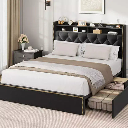 Acekool Upholstered Platform Bed Frame with 2-Tier Storage Headboard and 4 Drawers, Black Velvet