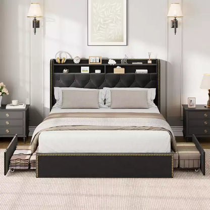Acekool Upholstered Platform Bed Frame with 2-Tier Storage Headboard and 4 Drawers, Black Velvet