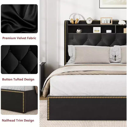 Acekool Upholstered Platform Bed Frame with 2-Tier Storage Headboard and 4 Drawers, Black Velvet