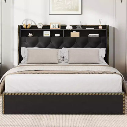 Acekool Upholstered Platform Bed Frame with 2-Tier Storage Headboard and 4 Drawers, Black Velvet
