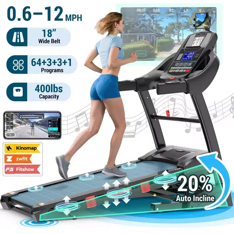 20% Incline Treadmill for Home, 400lbs Capacity Folding Treadmill, 5.0 HP Running Machine, 18 Wide Belt
