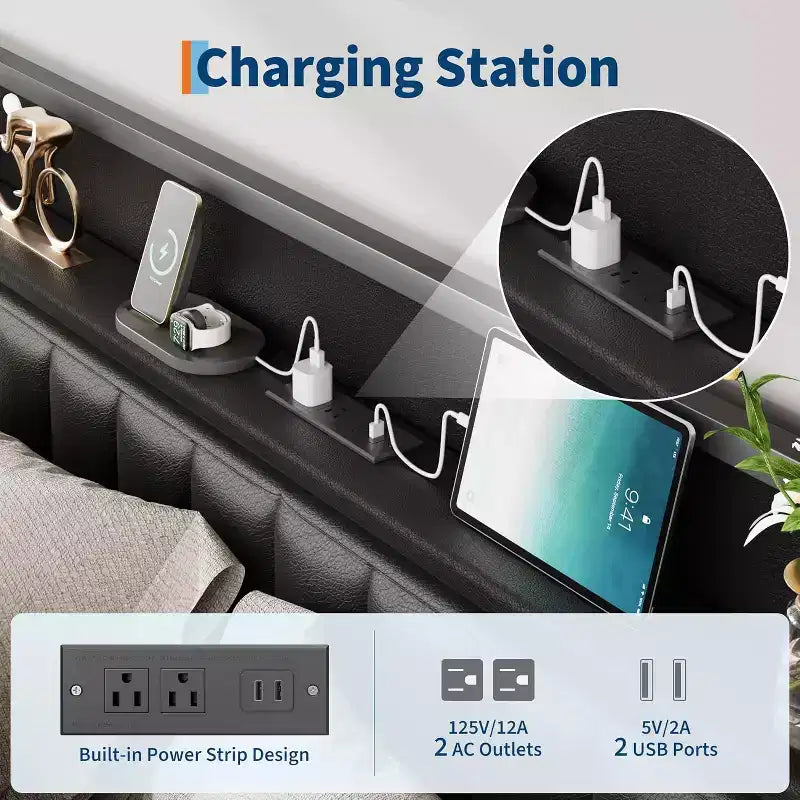 Cadre de Lit Double Acekool en Métal avec Station de Recharge, Tête de Lit et Pied de Lit de Rangement en Similicuir