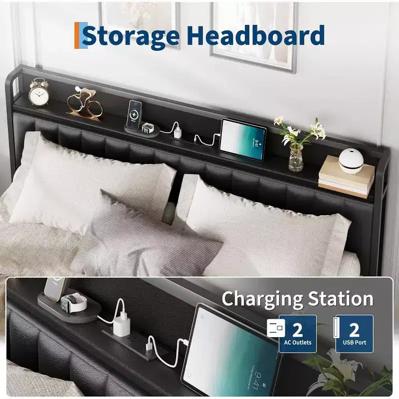 Cadre de Lit Double Acekool en Métal avec Station de Recharge, Tête de Lit et Pied de Lit de Rangement en Similicuir