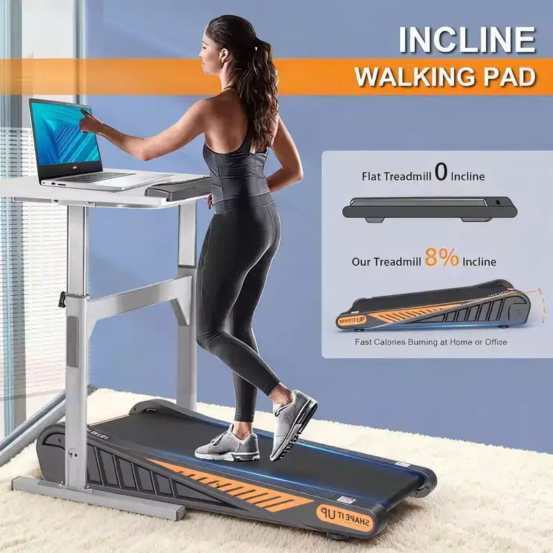Home Exercise Walking Pad Under Desk Treadmill with 8% Incline, Portable Compact Design for Small Spaces, Quiet Motor for Home & Office Use
