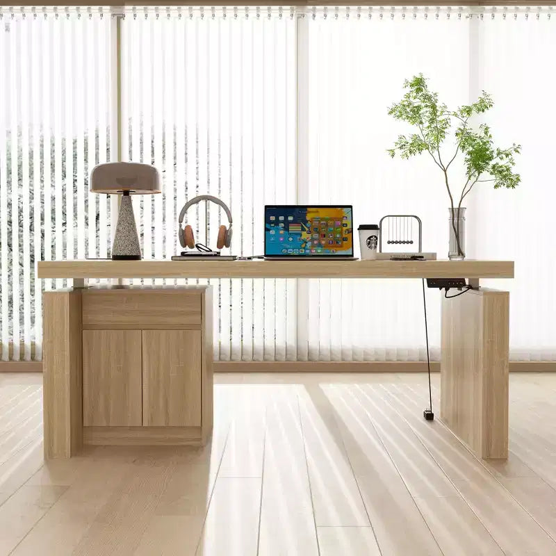 Famapy Bureau d'ordinateur réglable en hauteur avec armoire de rangement et tiroir intégrés