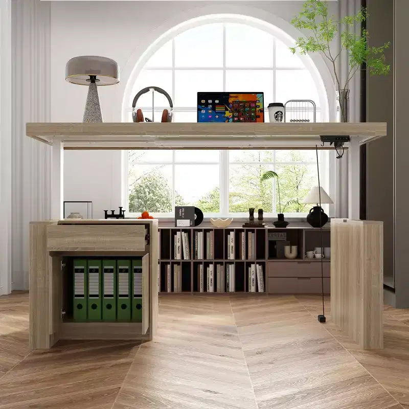Famapy Bureau d'ordinateur réglable en hauteur avec armoire de rangement et tiroir intégrés