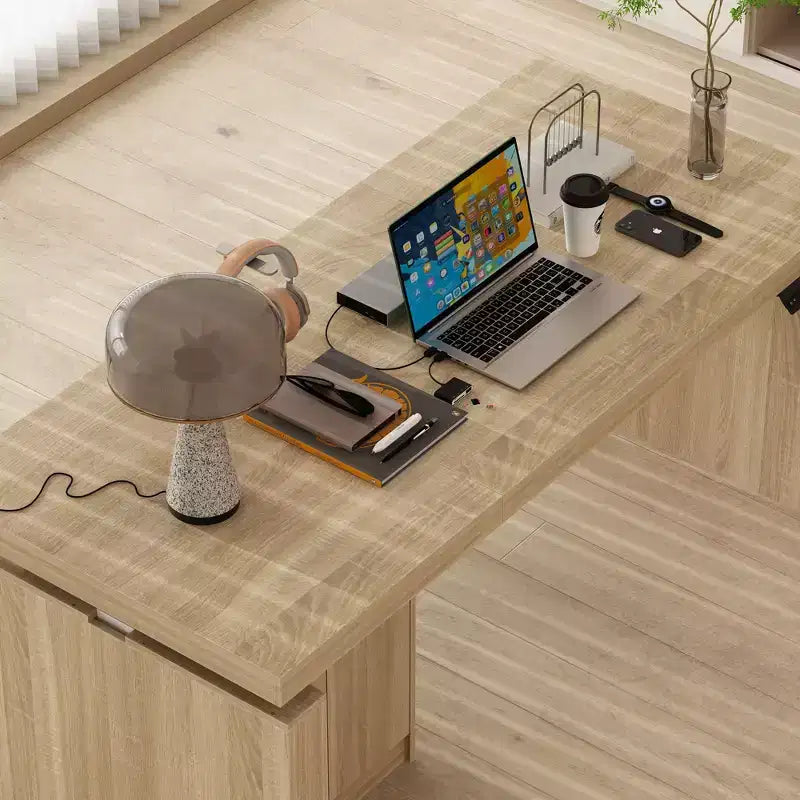 Famapy Bureau d'ordinateur réglable en hauteur avec armoire de rangement et tiroir intégrés