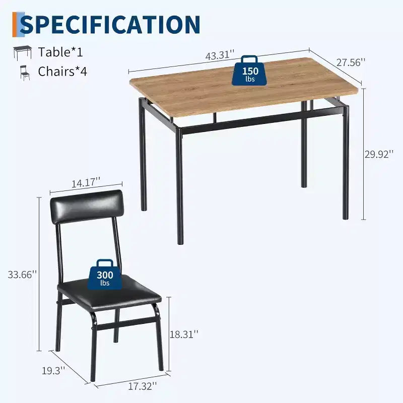Acekool 5-Piece Dining Table Set, Brown Woodgrain Table , Space Saving, for Kitchen